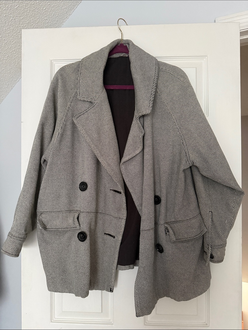 Oversized Free People Double-Breasted Herringbone Jacket in Grey